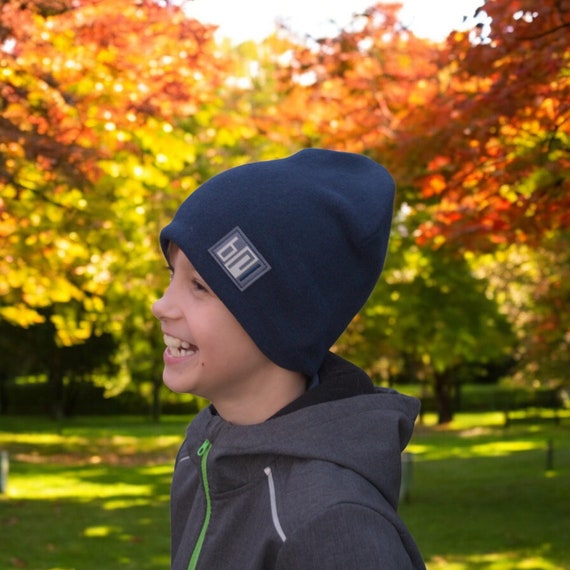Kids Navy Knit Beanie with Decorative Patch accessories-cool-patch-beanie-  main image 2