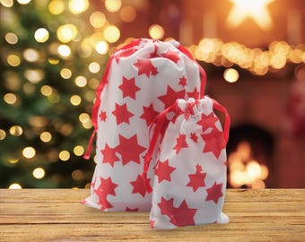 Sacs Cadeaux De Noël Réutilisables - Motif Champignon Japonais - Taille M (21x30 Cm) Et S (12x17 Cm) - Cordon De Serrage, étiquette Cuir - Écologiques En Polyester