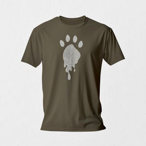 May include: A dark green t-shirt with a white, dripping paw print graphic.