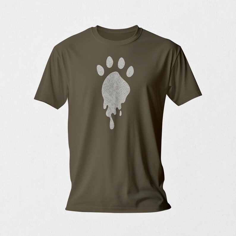 May include: A dark green t-shirt with a white, dripping paw print graphic.