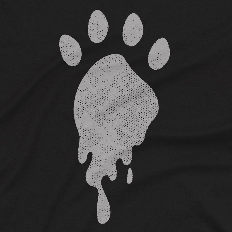 May include: A white paw print with dripping edges on a black background.