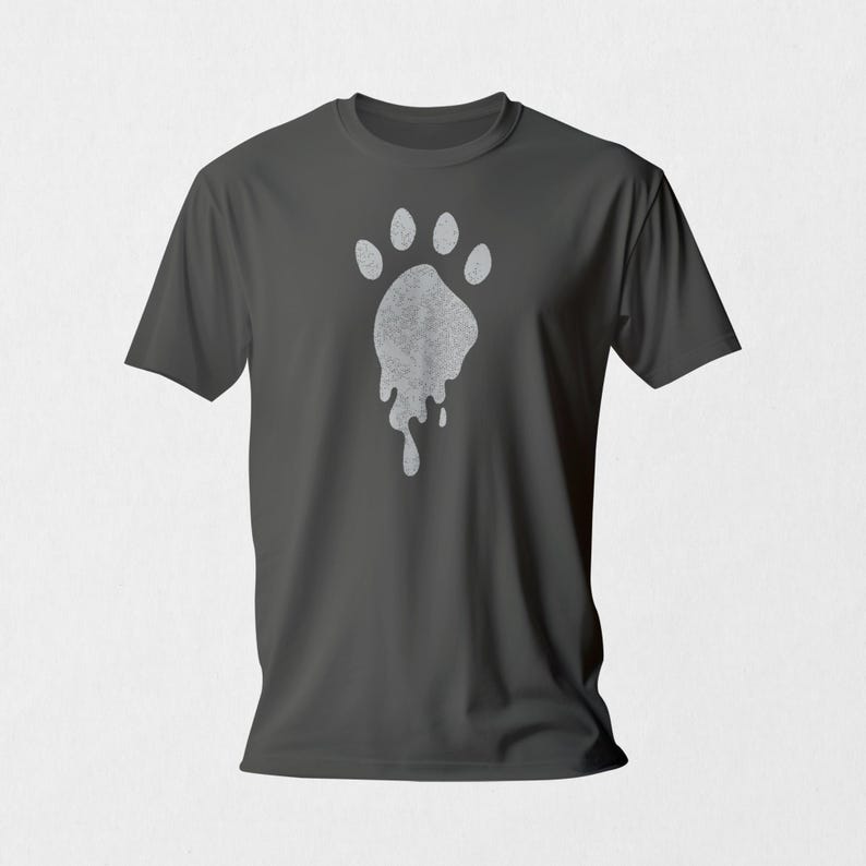 May include: A dark gray t-shirt with a white, dripping paw print design.