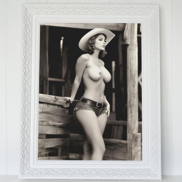 Erotic Sexy Cow Girl, Nude, NSFW, Hot, Vintage Wall Art Wall Decor Photograph Poster Funny Gift Women's Art, Instant Download Naked