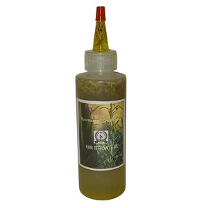 May include: A clear glass bottle with a red and yellow cap filled with a yellow liquid and green herbs. The bottle has a label that reads "Rosemary & Lemongrass Hair Regrowth Oil".