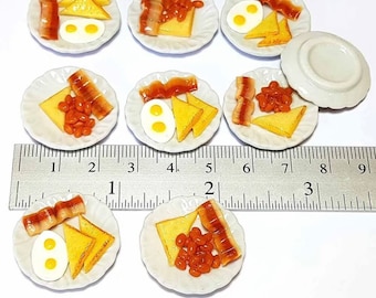 Set of 2 Dollhouse Miniature Plated Breakfast Food for Dolls - Eggs, Bacon, Toast & Beans