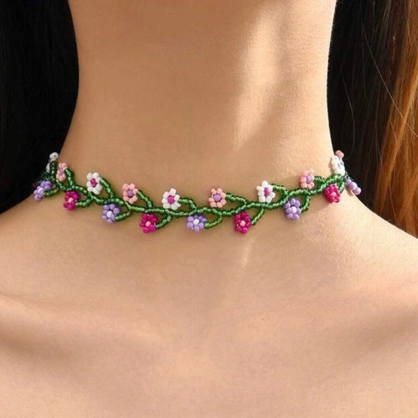 Flower Vine Beaded Adjustable Choker Necklace
