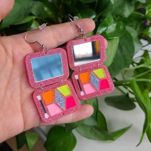 Glitter Makeup Eyeshadow Palette and Real Mirror Barbie Acrylic Resin Dangle Earrings Miniatures Adorable