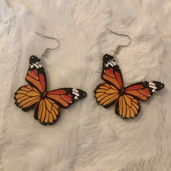 Monarch Butterfly Cutout Double Sided Print Vegan Leather Orange & Black Dangle Earrings