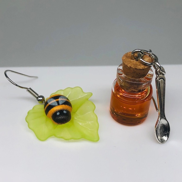 Jar of Honey and Bumble Bee on a Leaf - Asymmetrical Pendant Charm Earrings