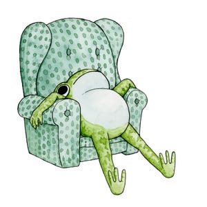 May include: A watercolor illustration of a green frog with a large white belly sitting in a light green armchair. The armchair features a tufted backrest and a repeating pattern of dark green spots. The frog is depicted in a relaxed, reclining pose.
