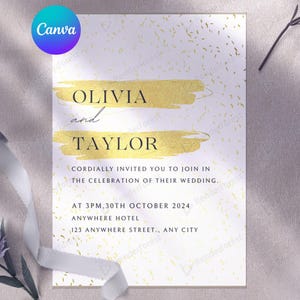 May include: A wedding invitation featuring the names "Olivia and Taylor" in a stylish font, set against a white backdrop with gold detailing. The invitation includes the date, time, and venue details.