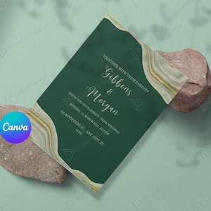 May include: A green wedding invitation with a white and gold agate design. The invitation reads "Together with their families, Gibbons & Morgan, Invite you to celebrate their wedding, Monday, March 30, at 8 PM, 123 Anywhere St., Any City, ST 12345".