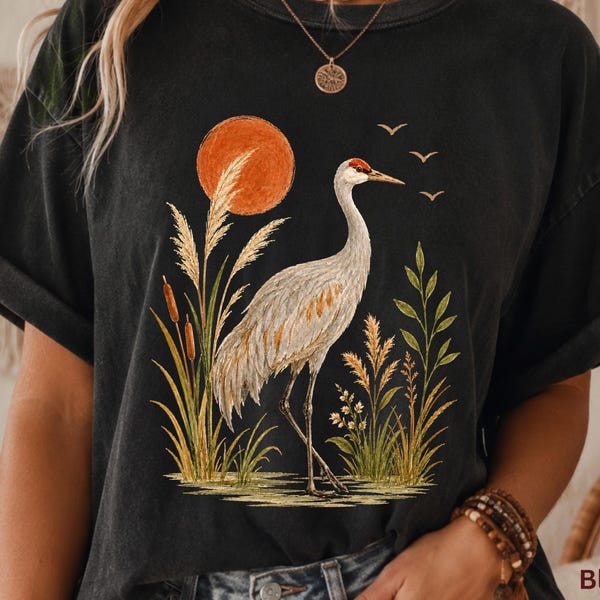 Sandhill Crane Shirt, Vintage Art Bird Lover Tee, Birdwatching Wildlife Gift