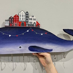 Wardrobe coat rack whale children&#39;s room key board wooden house hook bar key holder coat hook blue red 65 cm