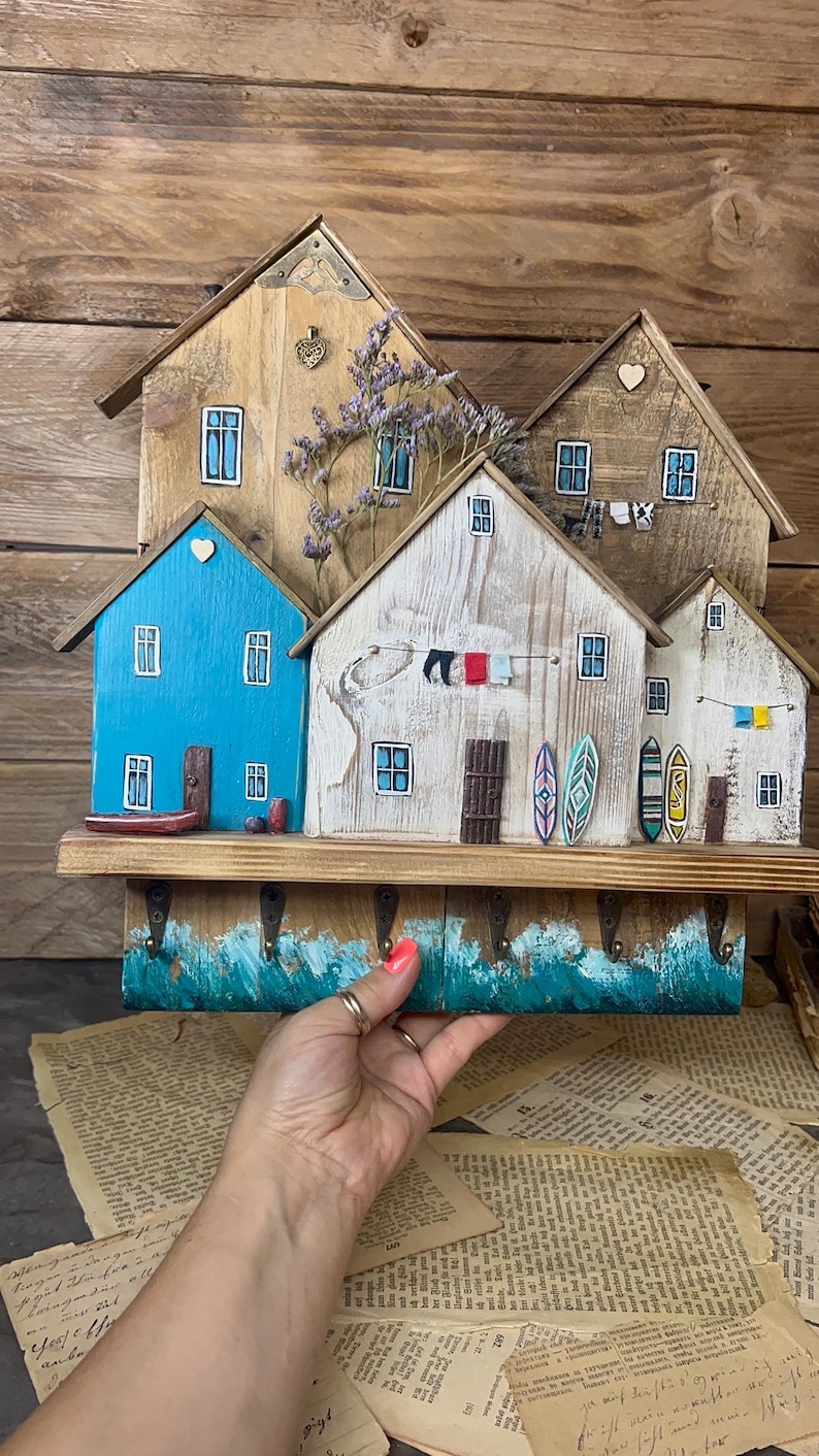 Wooden Key Rack, Small House, Hook Rail, Key Storage, Decorative Rail ...