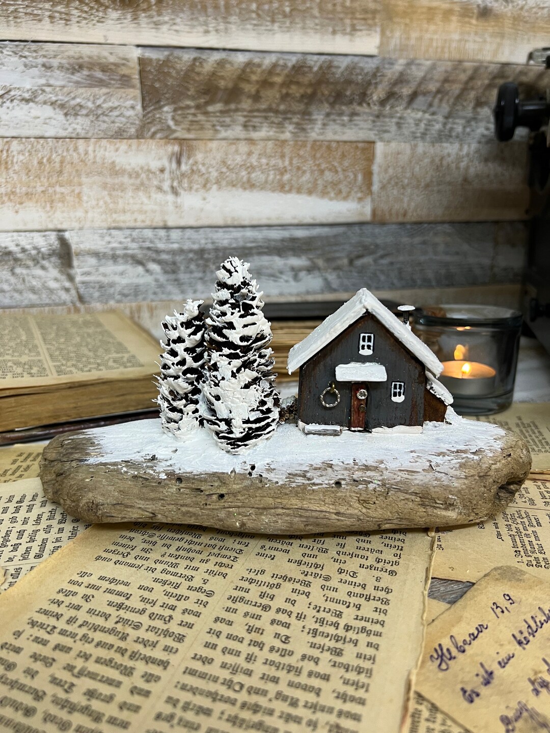 Treibholz Tischdekoration Weihnachtsdeko Winter Häuschen Miniatur Dorf