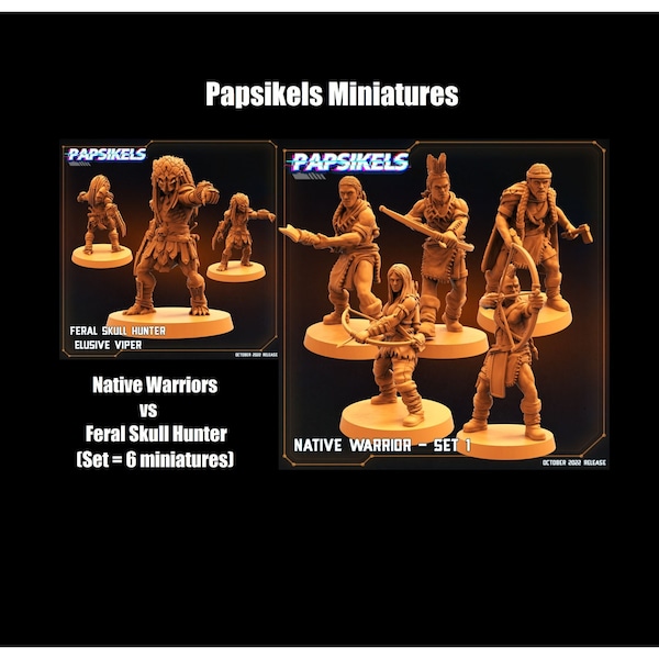 Papsikels Miniatures Scifi Skull Hunter Predator vs Human Native Wariors  / Human Prey / RPG / Tabletop / Wargame / 28 mm / 32 mm / 1:72