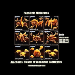 Può includere: Un set di nove miniature di aracnidi stampate in 3D, tra cui uno sputafuoco, un saltatore e un insetto trasportatore. Le miniature sono dipinte in oro e sono esposte su uno sfondo nero. Il testo "Papsikels Miniatures" e "Arachnids Swarm of Venomous Destroyers" è visibile nella parte superiore e inferiore dell'immagine. Il testo "Scale" è visibile sul lato destro dell'immagine, con le seguenti misure: 1:72 (24 mm), 1:56 (28 mm), 1:48 (32 mm).
