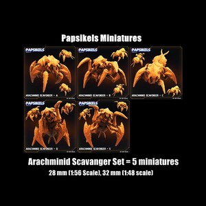 May include: Set of five 3D printed, orange-coloured, Arachminid Scavenger miniatures. The miniatures are posed in different dynamic stances. The set includes five miniatures, each labelled with a letter from A to E. The miniatures are 28 mm (1:56 scale) and 32 mm (1:48 scale).