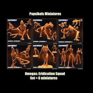 May include: Set of six detailed, orange-colored, plastic miniature figures of monstrous creatures. The figures are labeled "Guardian Experiment" and "Omega Kololax Titan".