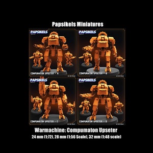 May include: Four orange plastic miniature robots, each standing on a black base with the text "Compumaton Upseter" and a letter A, B, C, or D. The robots are labelled "Papsikels" and are 24 mm (1:72), 28 mm (1:56 Scale), 32 mm (1:48 scale).