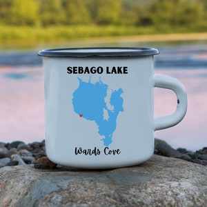 Personalisierte Sebago Lake Camping Tasse - Maine Emaille Kaffeetasse, individuelles Souvenir Geschenk, 12 Unze Camping Becher, Sebago Lake Becher im Vintage Stil