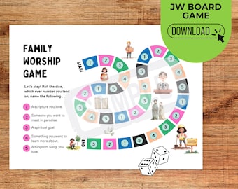 Könnte beinhalten: Ein farbenfrohes Brettspiel mit dem Text "Family Worship Game" und "JW Board Game Download". Das Spielbrett zeigt einen gewundenen Pfad mit nummerierten Feldern und Illustrationen. Enthält Würfel.