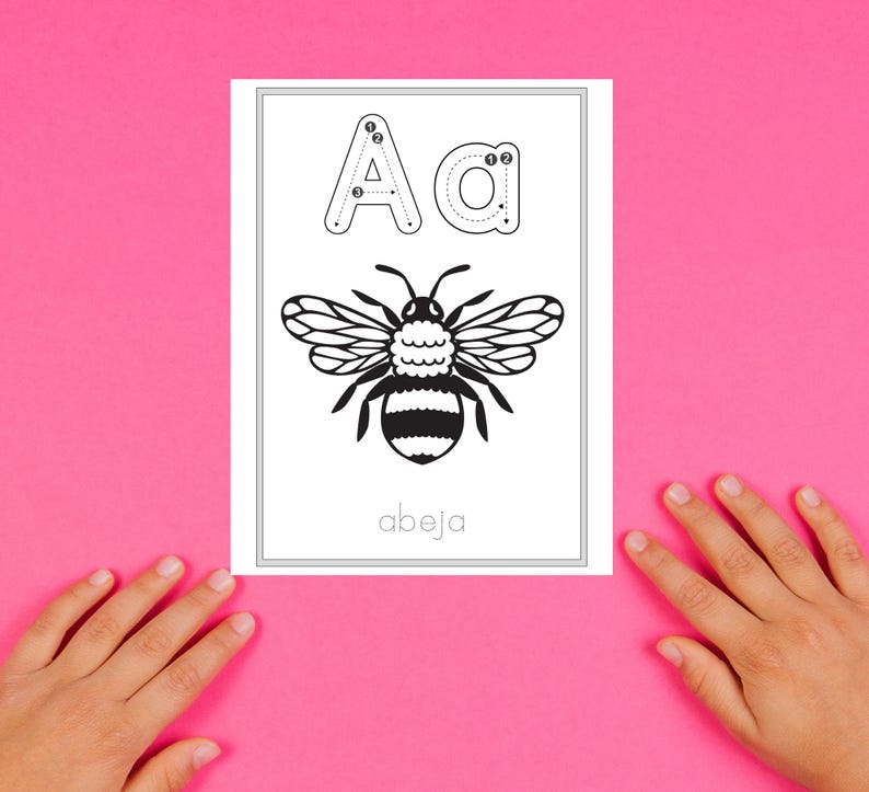 May include: A black and white illustration of a bee with the letter 'A' and the word 'abeja' written below. The letter 'A' is dotted to help with tracing.