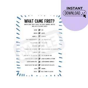 K&ouml;nnte beinhalten: Ein ausdruckbares Spielblatt mit dem Titel "WHAT CAME FIRST?" in schwarzem Text. Das Blatt enth&auml;lt eine Liste biblischer Ereignisse und Figuren, wobei "OR" die Auswahl trennt. Ein lila Kreis mit "INSTANT DOWNLOAD" befindet sich oben rechts.