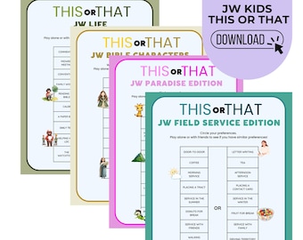 Könnte beinhalten: Vier farbenfrohe "Dies oder Das"-Spielkarten mit verschiedenen Themen: JW Life, JW Bible Characters, JW Paradise Edition und JW Field Service Edition. Jede Karte hat eine Liste von Optionen. Eine lila Grafik zeigt "JW Kids This or That" mit einer Download-Schaltfläche.