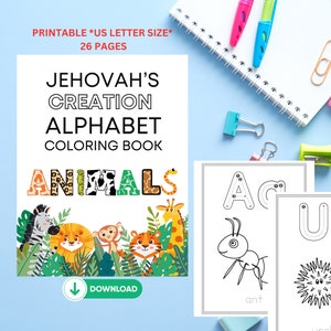 May include: A printable coloring book for kids featuring animals from the Bible. The cover features the word "ANIMALS" in colorful letters with animal print patterns. The book includes 26 pages and is US letter size.