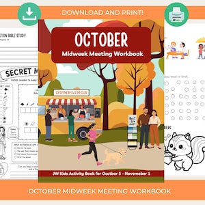 以下が含まれることがあります： OCTOBER Midweek Meeting Workbookというタイトルのデジタルワークブック。餃子のフードトラック、木々、公園にいる人々が描かれたカラフルなイラストが特徴です。表紙にはJW Kids Activity Book for Ocotber 5 - November 1というテキストが含まれています。