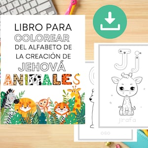 May include: A printable coloring book for kids featuring animals from the creation of Jehovah. The cover features a colorful illustration of animals in a jungle setting. The book includes a letter tracing activity for the letter J with a giraffe illustration.