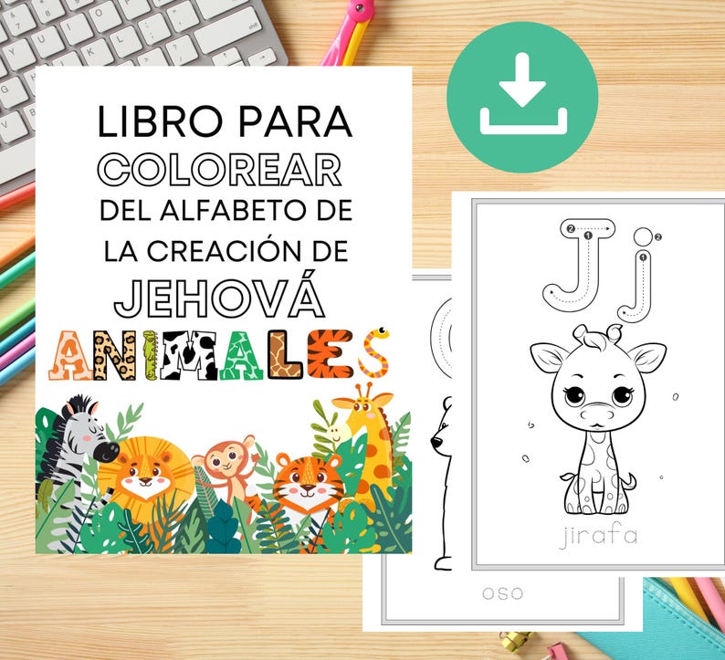 May include: A printable coloring book for kids featuring animals from the creation of Jehovah. The cover features a colorful illustration of animals in a jungle setting. The book includes a letter tracing activity for the letter J with a giraffe illustration.