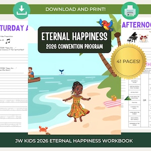 Puede incluir: Un cuaderno de trabajo colorido titulado "Eternal Happiness 2026 Convention Program" con una ilustración de una playa. La portada presenta una niña con un vestido estampado, un pájaro y el texto "41 PAGES!". El cuaderno es para niños.