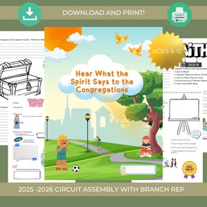 Op de afbeelding: Een kleurrijke illustratie voor een kinderevenement, met de tekst "Hear What the Spirit Says to the Congregations." De afbeelding toont een parkscène met kinderen, een voetbal en de tekst "AGES 5-12."
