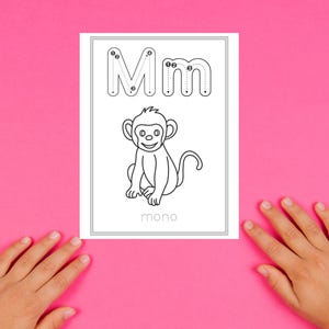 May include: Black and white printable worksheet featuring the letter "M" with dotted lines for tracing. The letter is followed by a black and white illustration of a monkey and the word "mono" underneath.