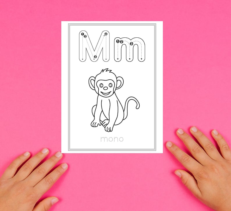 May include: Black and white printable worksheet featuring the letter "M" with dotted lines for tracing. The letter is followed by a black and white illustration of a monkey and the word "mono" underneath.