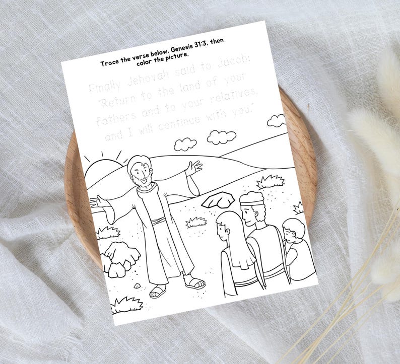 Pode incluir: Uma p&aacute;gina para colorir em preto e branco com o texto "Trace o vers&iacute;culo abaixo. G&ecirc;nesis 31:3, ent&atilde;o colorir a imagem". A p&aacute;gina apresenta um desenho de linha de uma cena b&iacute;blica com um homem e um grupo de pessoas.