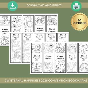 Op de afbeelding: Een verzameling zwart-wit geïllustreerde bladwijzers met diverse dieren- en natuurontwerpen. Elke bladwijzer bevat de tekst "Eternal Happiness 2026". De afbeelding bevat ook de tekst "Download and Print!" en "30 Options".
