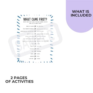 K&ouml;nnte beinhalten: Ein wei&szlig;es Arbeitsblatt mit blau gestrichelten R&auml;ndern und dem Text "WHAT CAME FIRST?" listet Fragen mit Antwortm&ouml;glichkeiten auf. Ein lila Kreis mit dem Text "WHAT IS INCLUDED" befindet sich oben rechts. Unten steht "2 PAGES OF ACTIVITIES".