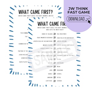 K&ouml;nnte beinhalten: Zwei bedruckbare Spielb&ouml;gen mit dem Titel "What Came First?" mit blau gestrichelten R&auml;ndern. Das Spiel fordert die Spieler auf, die richtige Antwort einzukreisen. Die B&ouml;gen enthalten Fragen zu biblischen Ereignissen. Eine lila Grafik sagt "JW Think Fast Game" und "Download".