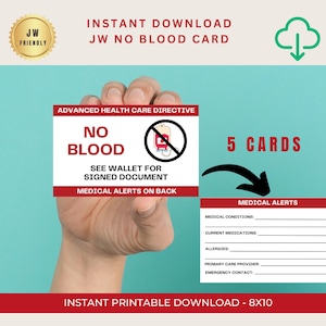 Carte d'alerte médicale pas de sang pour JW Feuille de 5 à téléchargement immédiat pour enfants Carte pas de sang pour l'école Pas de transfusion pour JW Carte pas de sang pour JW