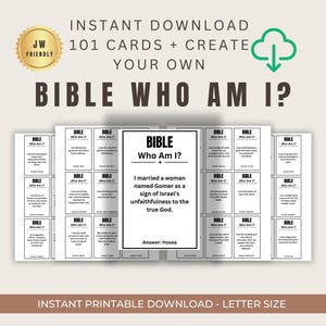 Qui suis-je - Jeu biblique pour personnages de la Bible Jeu biblique JW pour enfants 101 cartes-éclair JW imprimables pour jeu chrétien culte familial JW