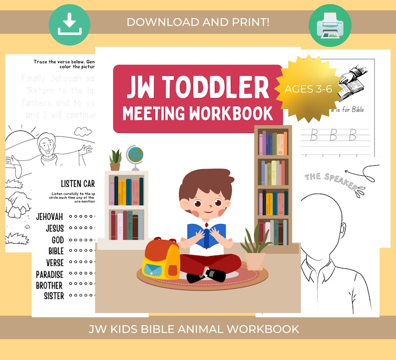 Pode incluir: Um colorido JW Toddler Meeting Workbook para crian&ccedil;as de 3 a 6 anos, com uma ilustra&ccedil;&atilde;o de desenho animado de uma crian&ccedil;a lendo um livro. O caderno de exerc&iacute;cios inclui atividades com temas b&iacute;blicos.