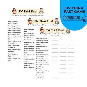 Peut inclure: Une feuille de jeu blanche intitulée "JW Think Fast" avec diverses catégories et des lignes à compléter. Le jeu est conçu pour que les joueurs nomment trois éléments dans chaque catégorie. Un cercle bleu avec les mots "JW Think Fast Game" et un bouton de téléchargement est en haut à droite.