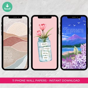 Può includere: Tre sfondi per telefono con citazioni ispiratrici e disegni floreali. Il primo sfondo presenta un design floreale rosa e bianco con una citazione sulla forza. Il secondo sfondo presenta una citazione sulla speranza e il fatto di librarsi in volo su ali come aquile. Il terzo sfondo presenta un design astratto morbido con una citazione sulla forza.