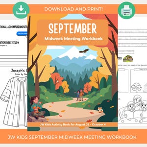 May include: A digital workbook cover titled SEPTEMBER Midweek Meeting Workbook featuring a colorful autumn forest scene with mountains, trees, a path, and people. The document includes black and white activity pages with text and illustrations.