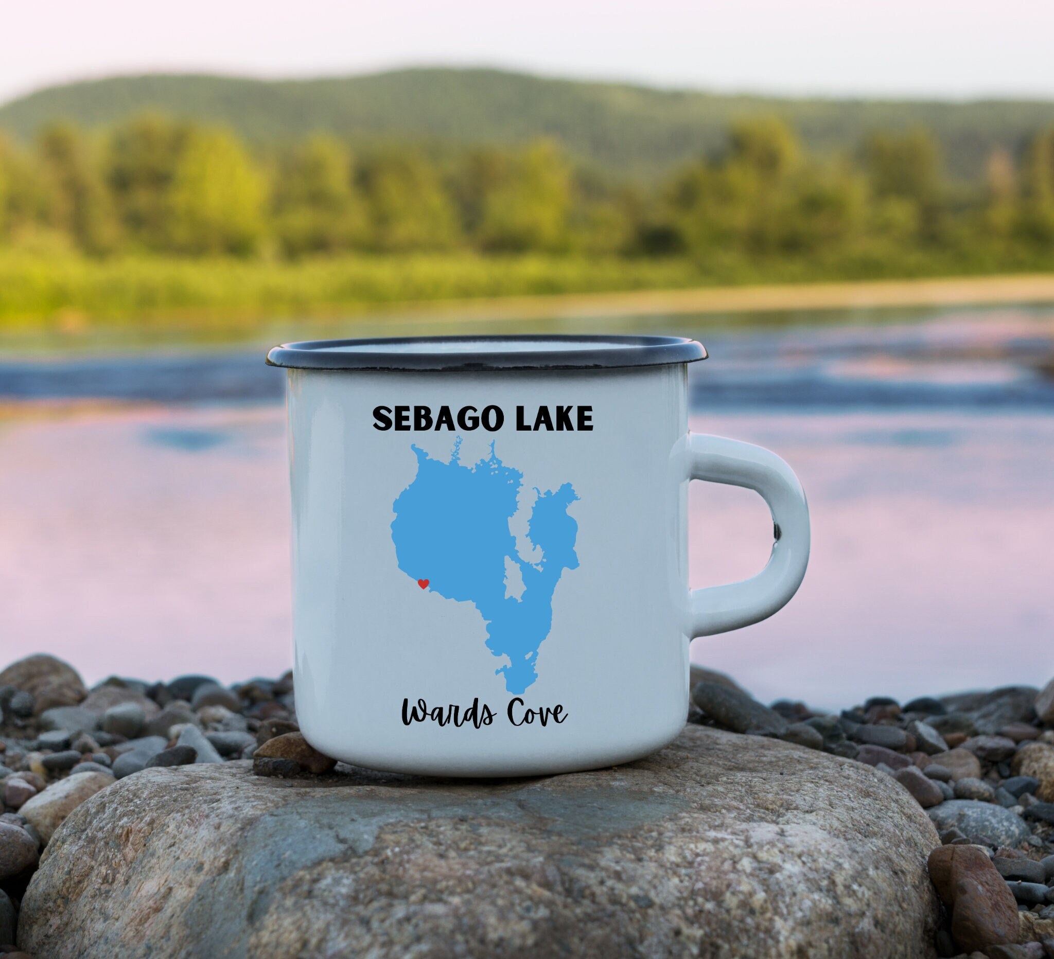 Personalized Sebago Lake Camping Mug - Maine Enamel Coffee Cup, Customized Souvenir Gift, 12oz Camping Mug, Vintage Style Sebago Lake Mug