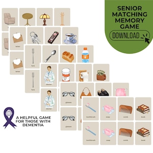 May include: A memory game for those with dementia, with illustrated cards showing items such as a fork, glasses, and toothbrush. The game includes the text "Senior Matching Memory Game" and "Download". A purple ribbon with a brain symbol is also present.